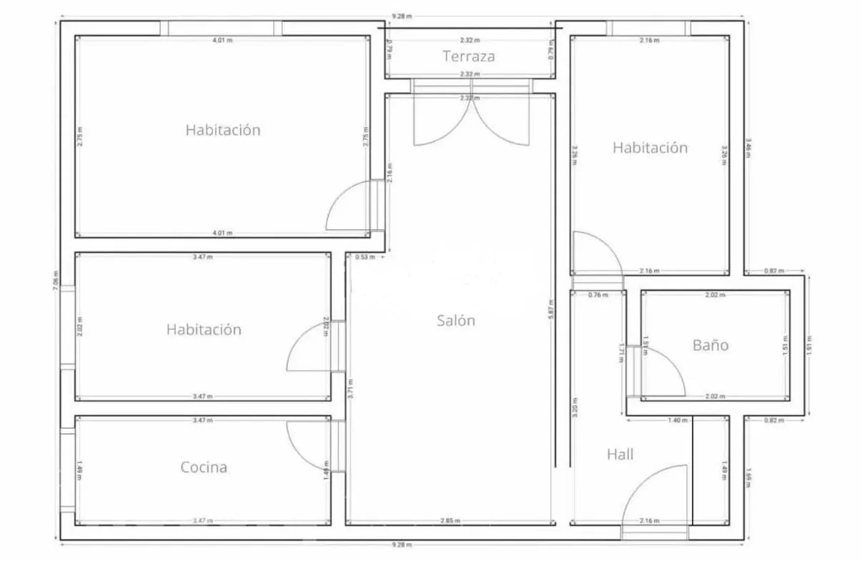 El plano acotado de una vivienda: tres habitaciones, salón, cocina, baño, hall y terraza, con las medidas de cada estancia en metros